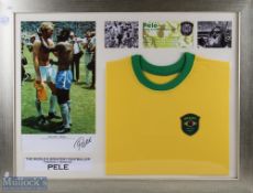 Brazil Pele Replica Shirt Display signed picture to top left, with mounted folded shirt to bottom