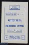1949-50 Merthyr Tydfil v Aston Villa Friendly match programme May 1st, 1950, missing staples