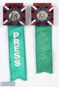 1966 Jules Rimet Cup - England official pin badges enamel/metal with green ribbon with 'Press'