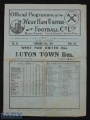 Pre-war 1935/1936 West Ham Utd v Luton Town, London Combination match programme 29 February 1936;
