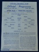 1944 Cup Winners Challenge Aston Villa v Charlton Athletic single sheet match programme at Chelsea