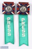 1966 Jules Rimet Cup - England official pin badges enamel/metal with green ribbon with 'PRESS'
