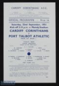 1951-52 Cardiff Corinthians v Port Talbot Athletic Welsh Cup Football Programme single sheet - looks