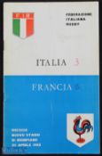 Very scarce 1962 Italy v France Rugby programme: At Brescia, score to face and changes noted to team
