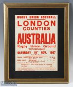 1957 London Counties v Australia Rugby Poster: Lovely, framed advertising poster for the visit of