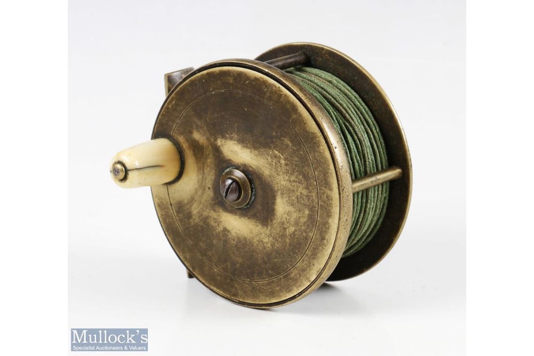 Chas Farlow, 191 Strand, London 3 ½” brass fly reel, script makers marks, original handle, brass - Image 2 of 6