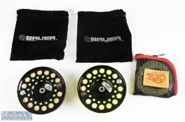 2x Bauer 4 ¾” centrepin spare spools, both with line, in makers pouch (one string broke), with Rio