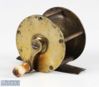 19th century brass 2 ½” fly reel, possibly Scottish, original handle with shaped handle, brass foot,