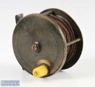 C Farlow & Co 3 ¾” brass fly reel, ivorine handle, holdfast logo to face plate, brass foot, makers