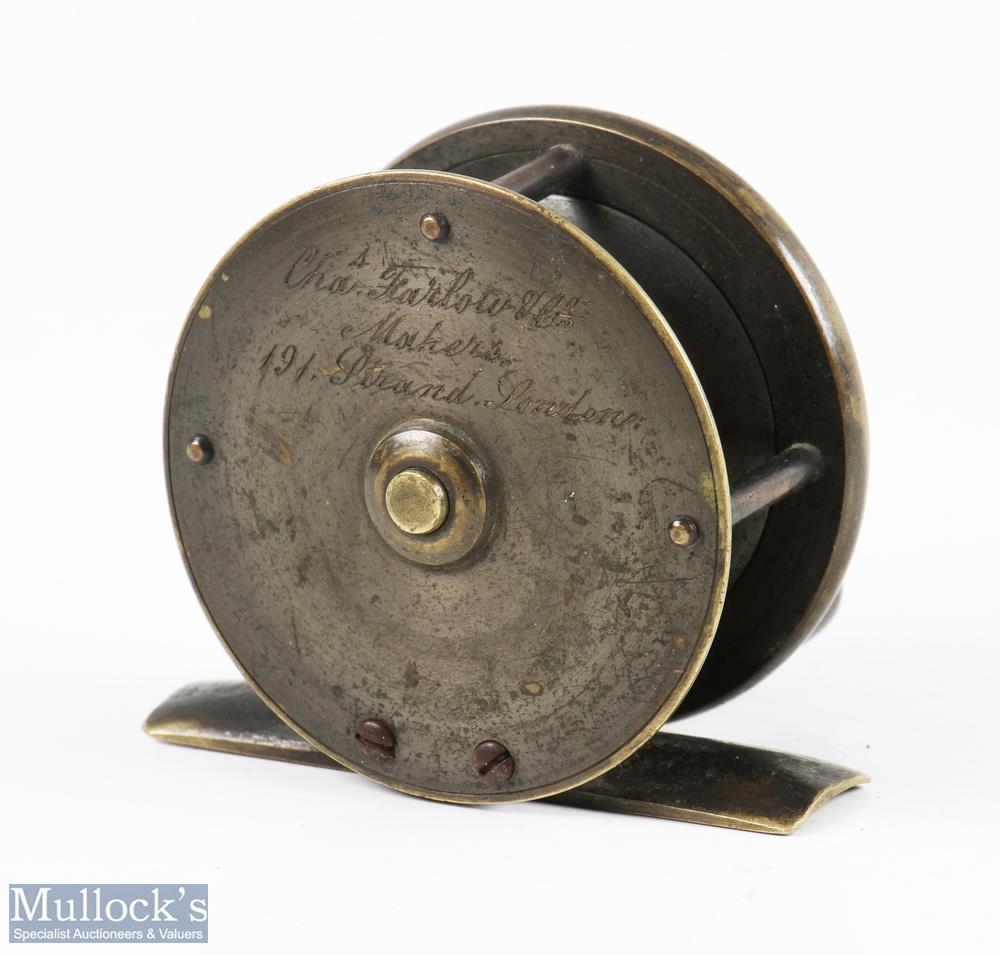 Chas Farlow & Co, Strand London, 2 ¼” brass fly reel, makers marks in script to rear, original brass - Image 2 of 2