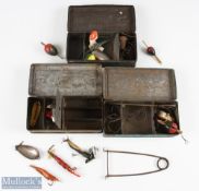 3 x Early Milward Tackle Tins with Salmon and Pike fish relief designs to lids, with contents,