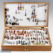 Wooden Double Large Salmon fly Box with a good quantity of flies, singles, doubles, treble # 240-