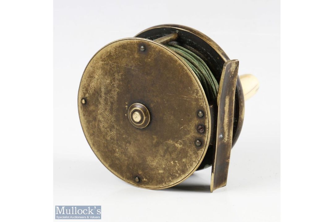 Chas Farlow, 191 Strand, London 3 ½” brass fly reel, script makers marks, original handle, brass - Image 3 of 6
