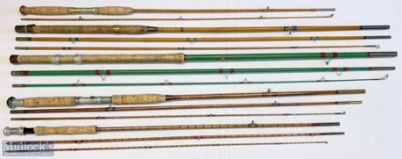 5x Various antique fishing rods – includes Milbro 7ft 2pc split cane, Milbro Competitor 12ft 3pc