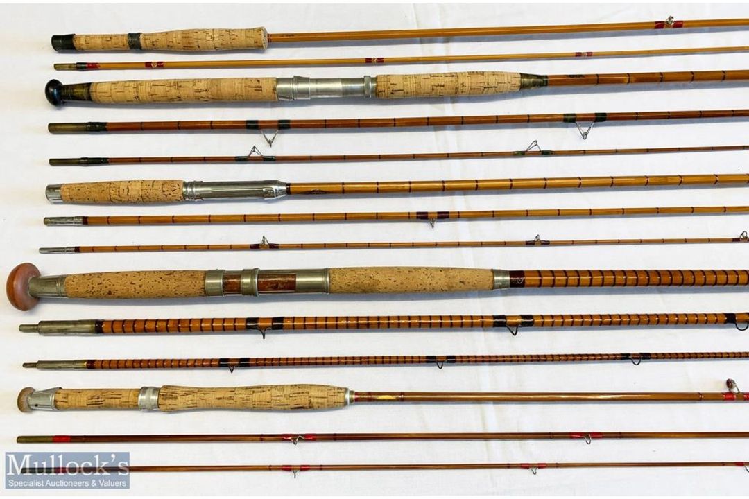 5x Various antique fishing rods – features Hargard Aura Made in Norway 9ft 2pc split cane rod - Image 1 of 4