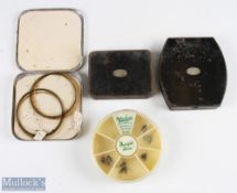 Hardy Bros Japanned fly tin with 9 lidded compartments and a good plaque, a Hardy line tin with