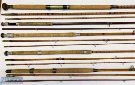 5x Various Antique fishing rods – featuring unnamed 16ft 3pc split cane, unnamed 11ft fibre glass