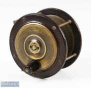 John Shaw, Salop 4” brass and ebonite reel, script makers marks to brass face, smooth brass foot,