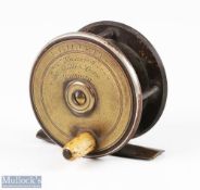 J Gillett, Fetter Lane, London, 2 ½” brass and ebonite fly reel, brass face plate, bone handle,