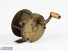 Early 20th Century brass 2” multiplier winch reel, original handle, rim brake, unnamed, runs smooth