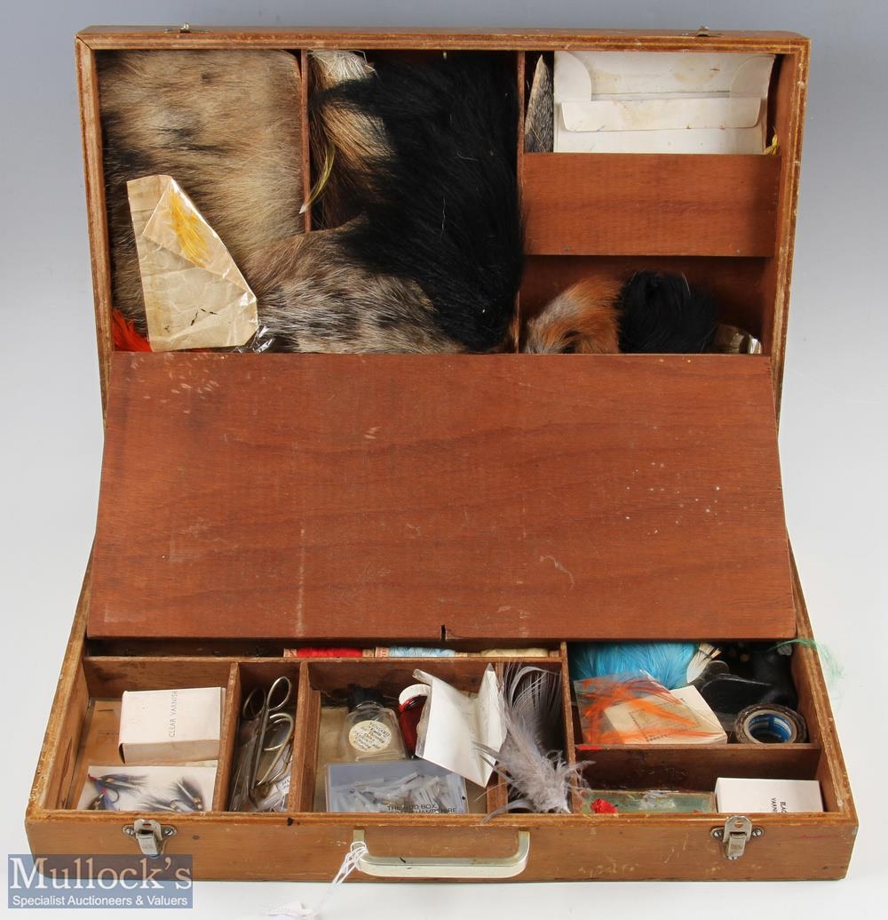 Wooden Fly-Tying Fishing Box, with contents, of fur, Feathers, hooks, tools, treed on vintage wooden - Image 2 of 2