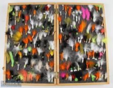 A Wooden Fly Reservoir, fitted with foam and containing #20 mixed flies /lures the box measures 41cm