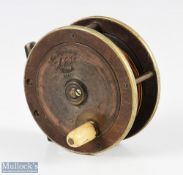 The Fly Fishers SEJ Winch 3 ¼” brass and ebonite reel, makers marks to brass faceplate, cream