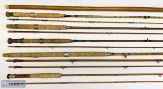 5x Various Antique fishing rods – featuring Walker of Newcastle 9ft 6in 2pc split cane, JJ Walker