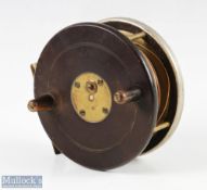 D Slater 4 ¼” ebonite and brass star back reel, twin horn handles, brass star back and foot, rear