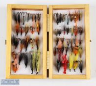 Wooden Fly Box, full of double+ triple salmon/trout flies, a small pine box 18.5cm x 16cm with #55