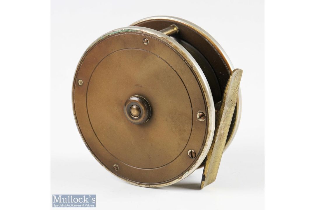 The Fly Fisher SEJ Winch 3 ¼” brass and ebonite reel, black handle, makers marks to brass faceplate, - Image 2 of 2