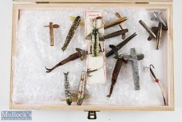 Wooden Delos Product Box of Vintage Wadham Lures and Minnow, a double lidded box with a selection of