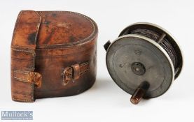 R Ramsbottom, Manchester 4 ½” brass and ebonite reel, stamped makers marks to face plate, horn