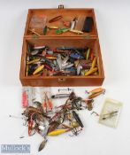 Wooden Box with a quantity Devon’s Minnows, spoons, lures, weights, et al, all with in an Ernest &