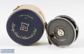 Hardy Bros Uniqua 3 1/8” alloy fly reel, black handle, brass ribbed foot, runs smooth with