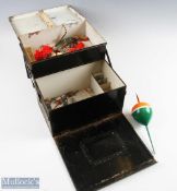 Period Jappaned Metal Fly Fishing Tackle box, with a counter lever draw, contents of minnows, baits,