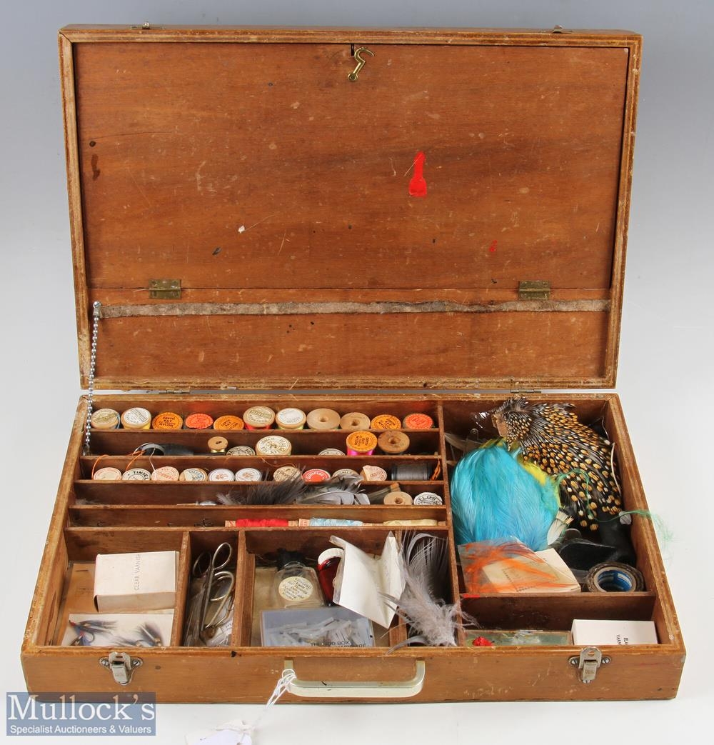 Wooden Fly-Tying Fishing Box, with contents, of fur, Feathers, hooks, tools, treed on vintage wooden