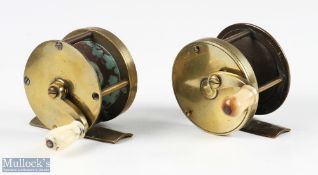 Two brass unnamed reels, 2 ¼” multiplier reel, original handle with shaped handle, brass foot,