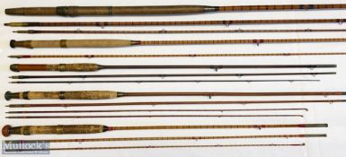 5x Various Antique fishing rods - split cane and greenheart mixed features, Carter Salmon Fly 14ft