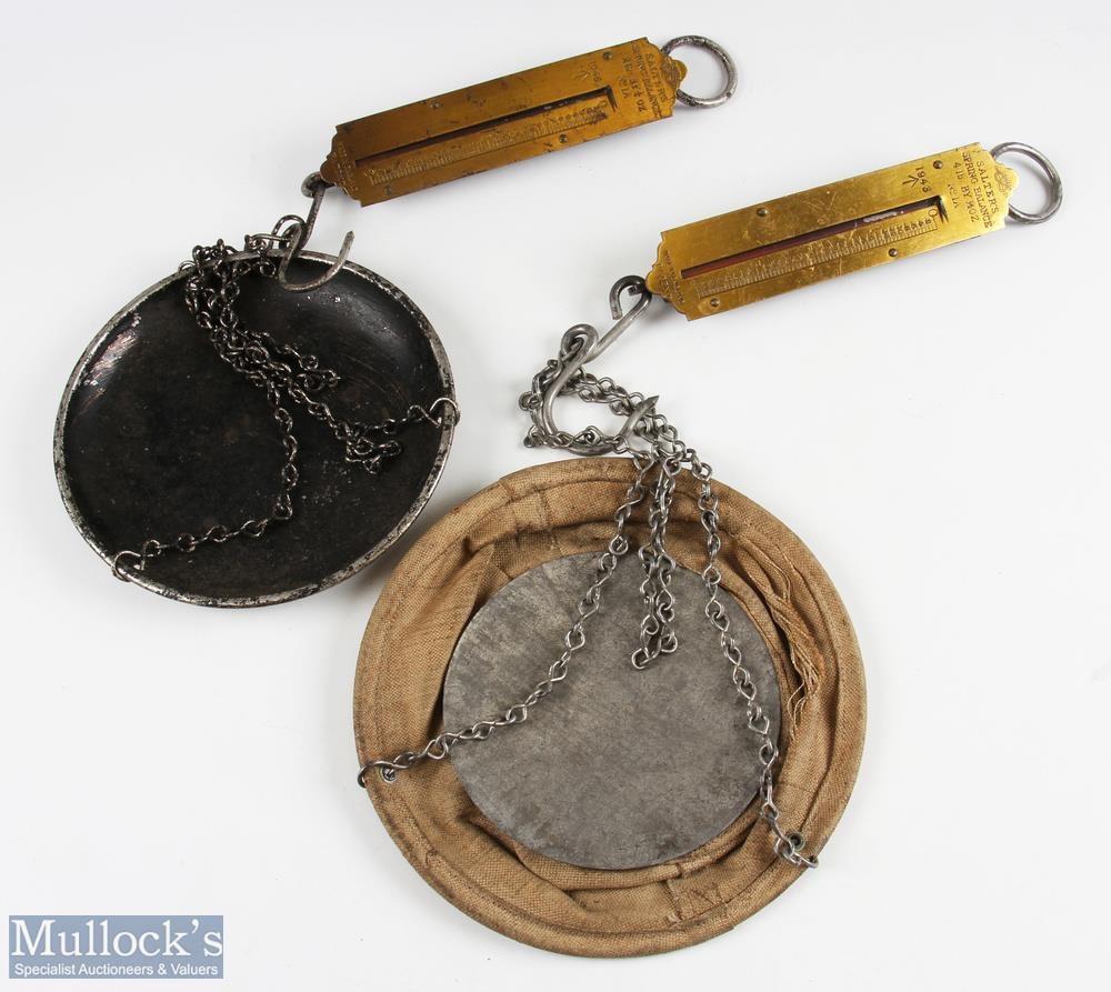 2 x WW2 Army Issue Large Brass Salter 1a Spring Balance Fish Scales, a 1943 broad arrow marked 0-4oz