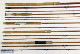 5x Various Antique fishing rods – featuring Sealey Black Arrow 12ft 3pc, Sealey Octopus 9ft 6in 3pc,