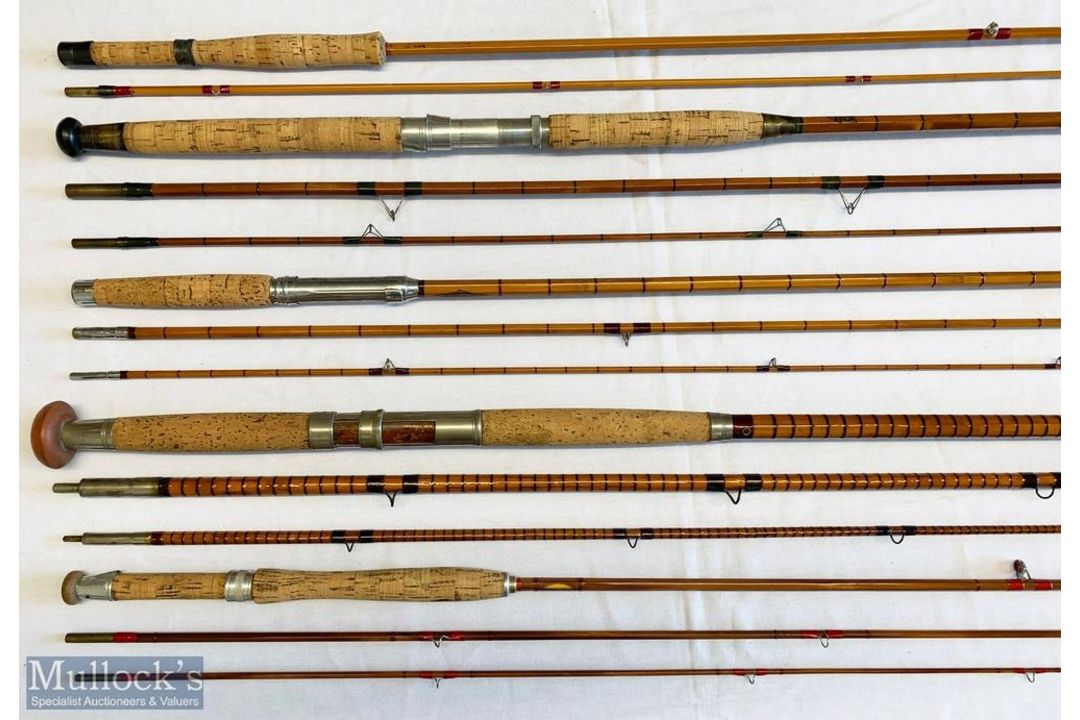 5x Various antique fishing rods – features Hargard Aura Made in Norway 9ft 2pc split cane rod - Image 2 of 4