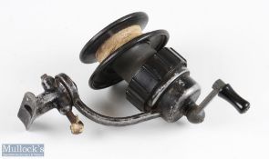 Allcocks OTO side caster spinning reel, with black bakelite spool, factory twisting foot, marked