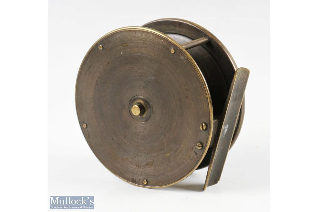 Early 20th Century 4” unnamed brass fly reel, horn handle, with brass foot, constant check, runs - Image 2 of 2