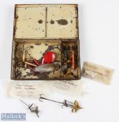 C Farlow & Co Black Japanned Lure Box, with a selection of Hardy, Allcocks, Archer, A Rudge, Farlow