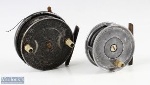 2x unnamed alloy trout fly reels, one 3 ½” with black finish, two cream handles, brass rim check