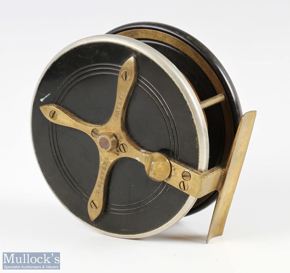 D Slater 4” ebonite and brass star back reel, twin horn handles, brass star back and foot, rear - Image 2 of 2