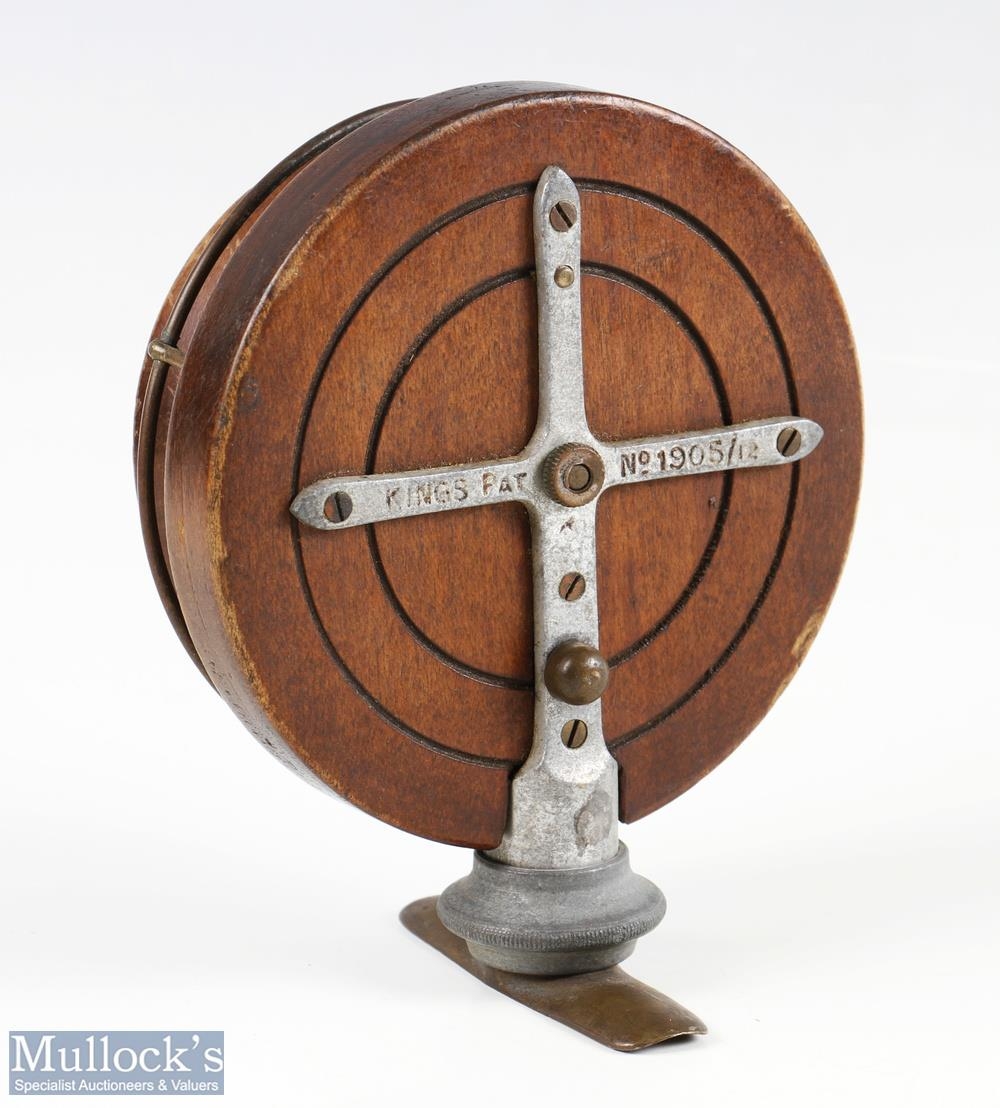 Kings Patent 1905/12 mahogany tournament style Nottingham reel, alloy sprung twisting foot assembly, - Image 2 of 3