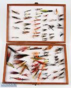 Wooden Fly Box with Salman Flies, a good selection of double and treble hooks #100