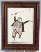 P Hobbs signed golf sketch a pen and ink with watercolour amusing golfing character 